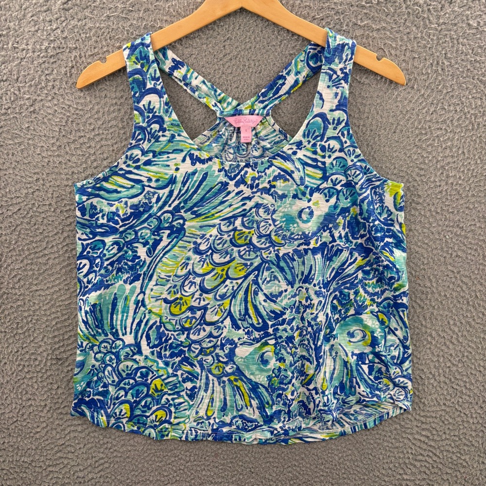 Lilly Pulitzer  Top Women Small Cordelia Blue Green Floral Racerback 24299